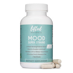 Lifted Naturals Probiotics bottle front highlights mood-friendly strains