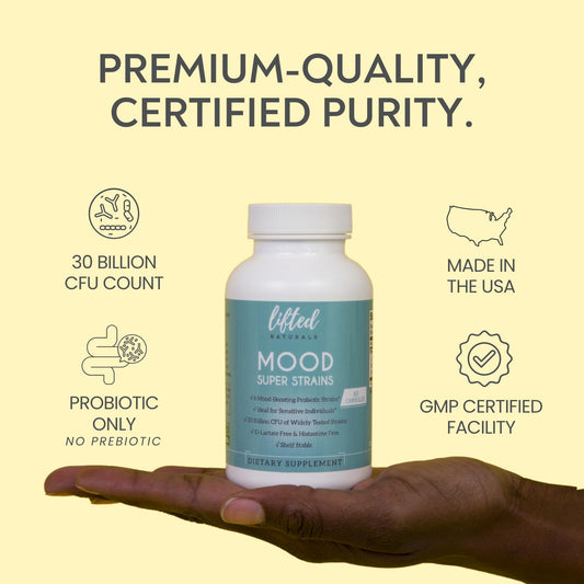 Lifted Naturals Probiotics bottle label shows L. rhamnosus GG for mood