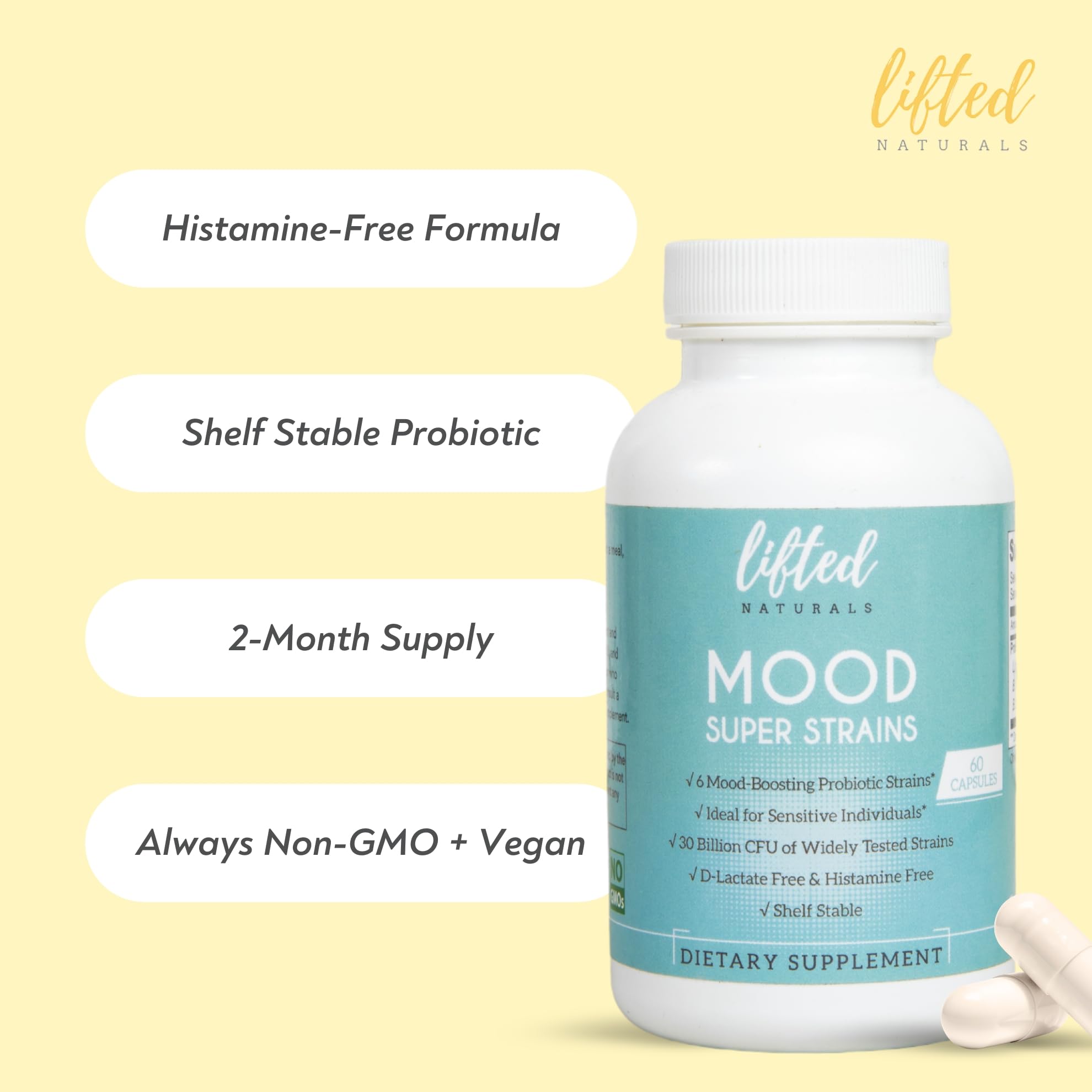 Lifted Naturals bottle with glass shows a two-month supply