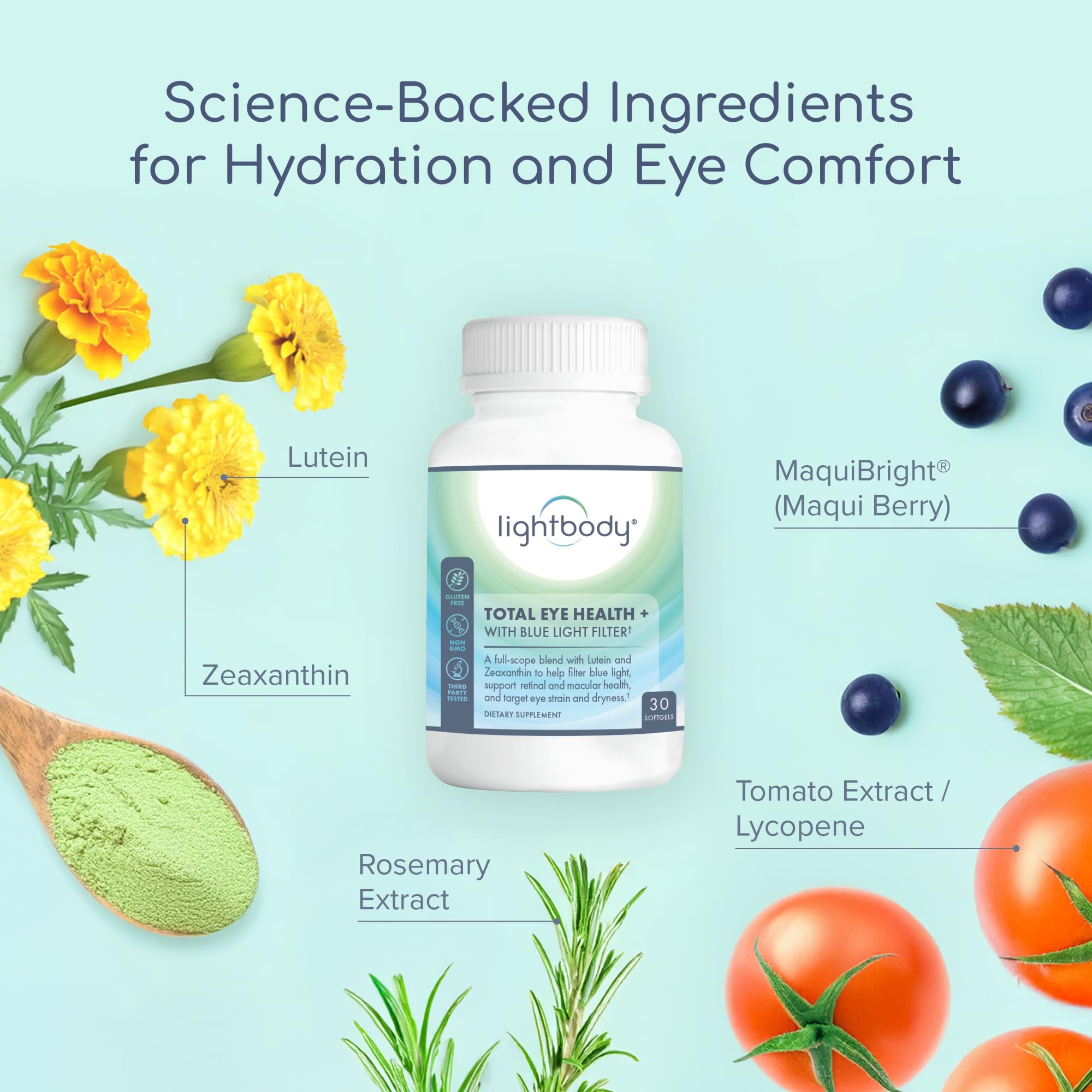 Lightbody Total Eye Health+ label highlights lutein and zeaxanthin ingredients.