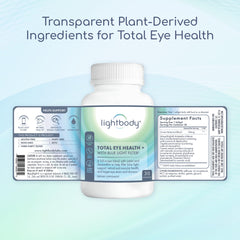 Packaging close-up of Lightbody Total Eye Health+ keto-friendly non-GMO formula.