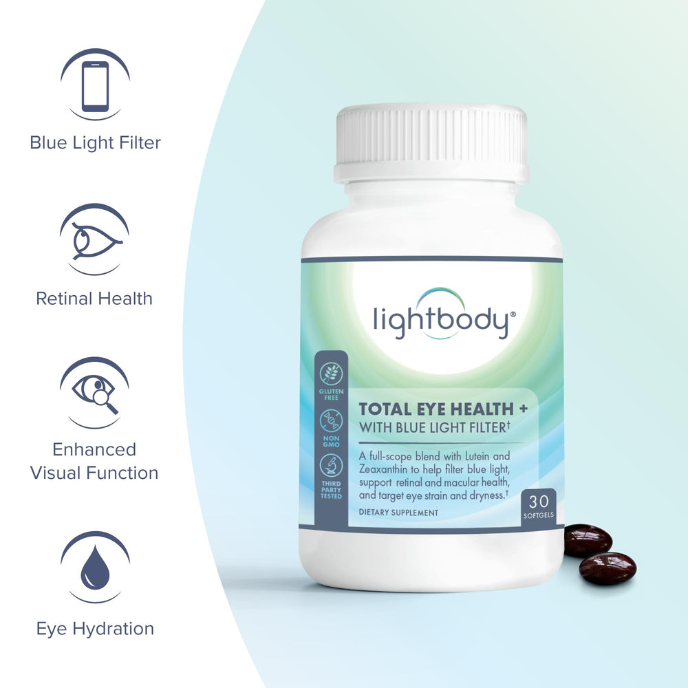 Close-up of Lightbody Total Eye Health+ softgels for daily use.
