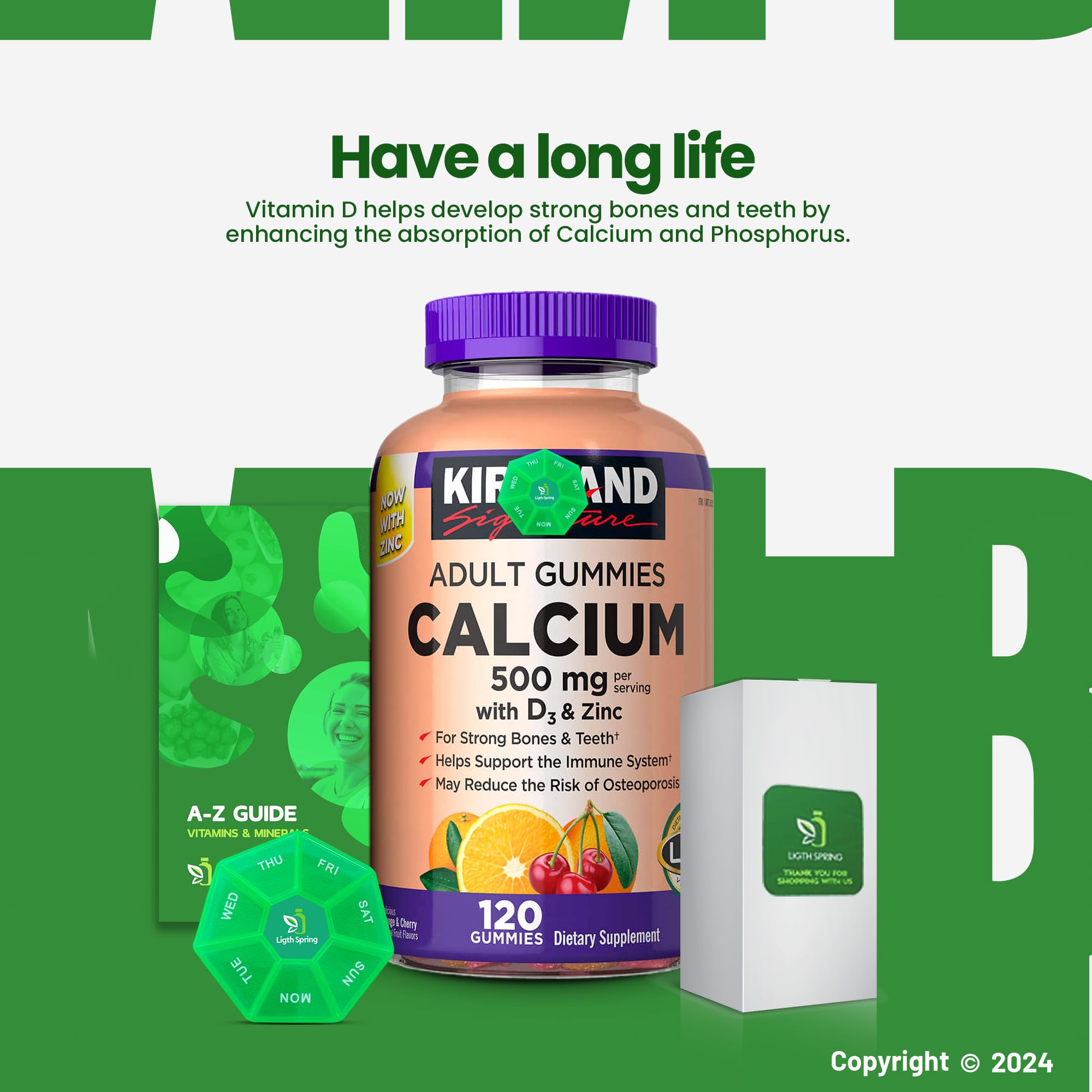 Close-up of LightSpring nutrition panel featuring calcium, D3, and zinc
