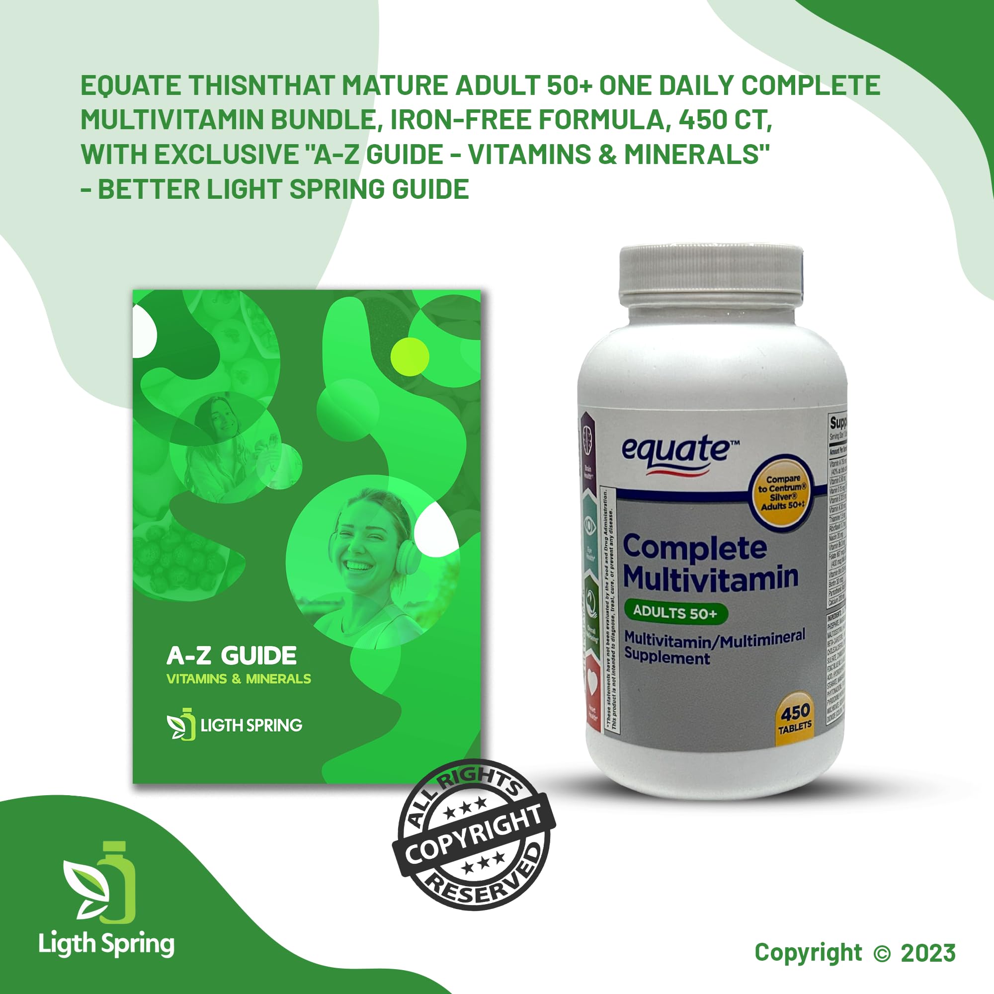 LightSpring Equate tablets close-up showing comprehensive nutrients for adults 50+.