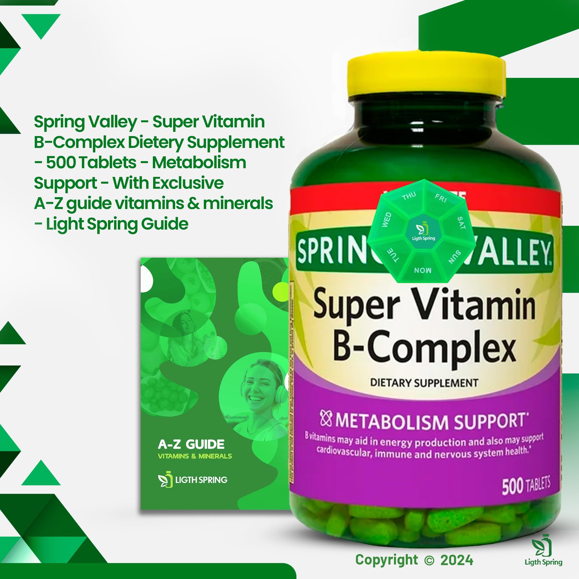 LightSpring Super B-Complex tablet close-up highlighting B6 and B12 for metabolism support.