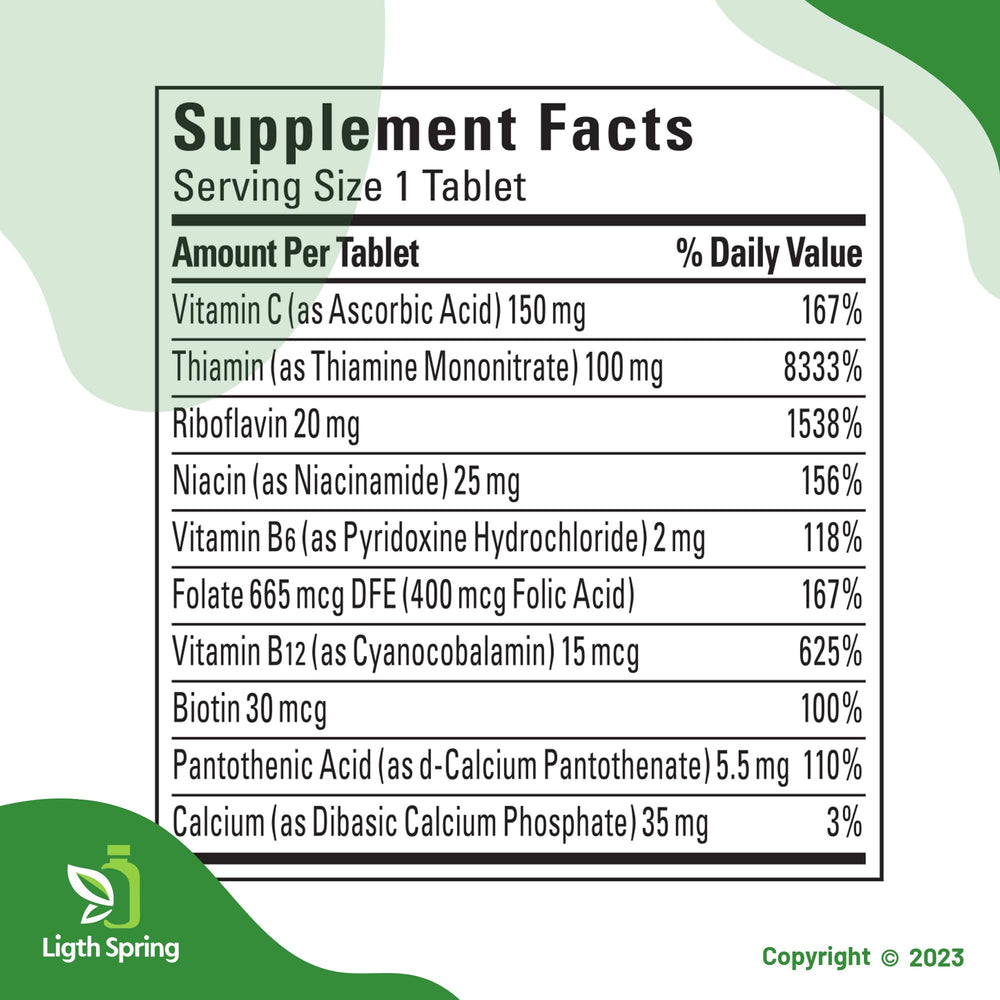 Close-up of LightSpring tablets showing a gluten-free B vitamin blend.