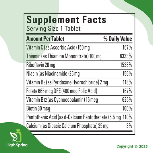 Close-up of LightSpring tablets showing a gluten-free B vitamin blend.