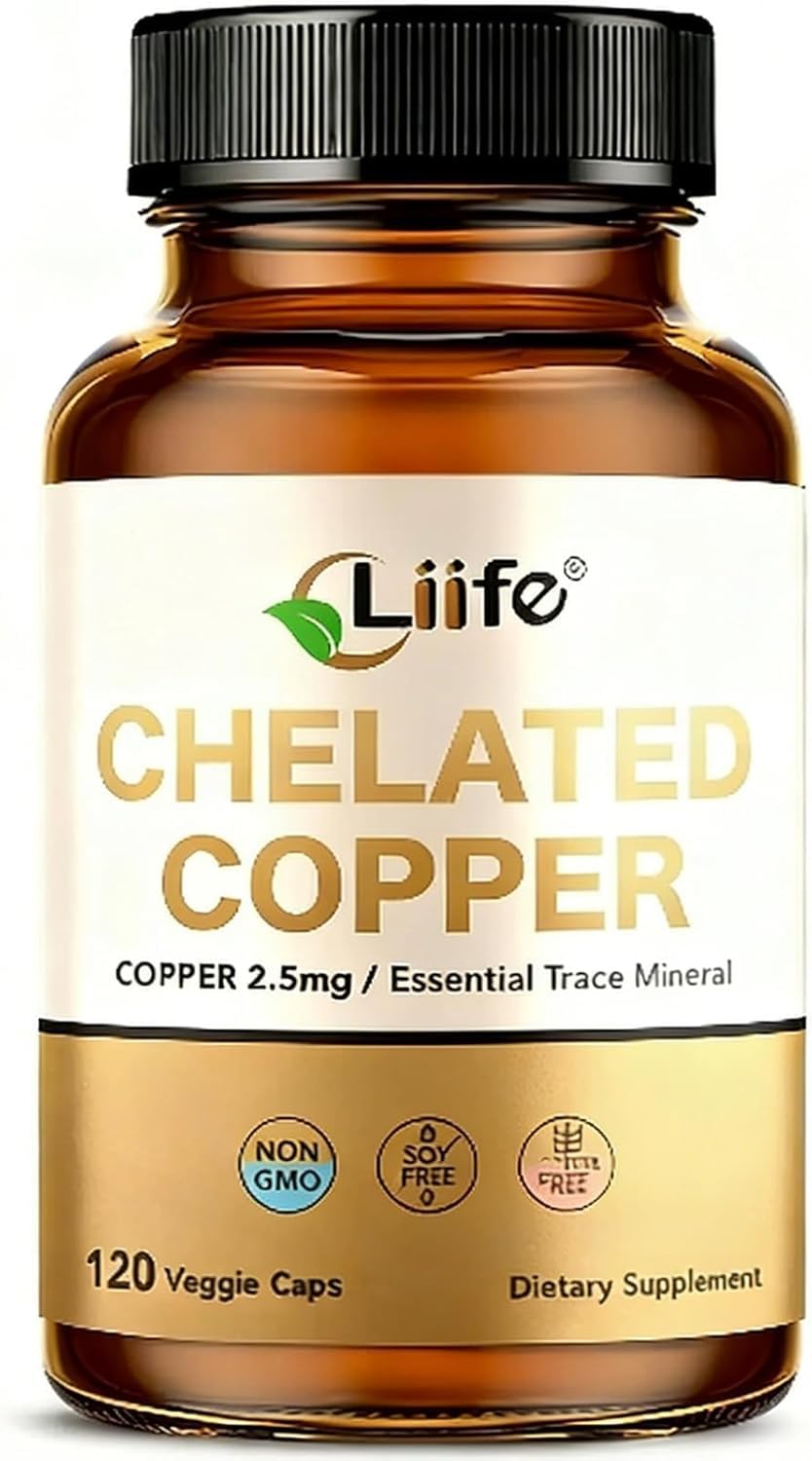 LIIFE Albion chelated copper bottle shows premium mineral for energy and collagen support.