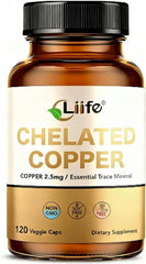 LIIFE Albion chelated copper bottle shows premium mineral for energy and collagen support.