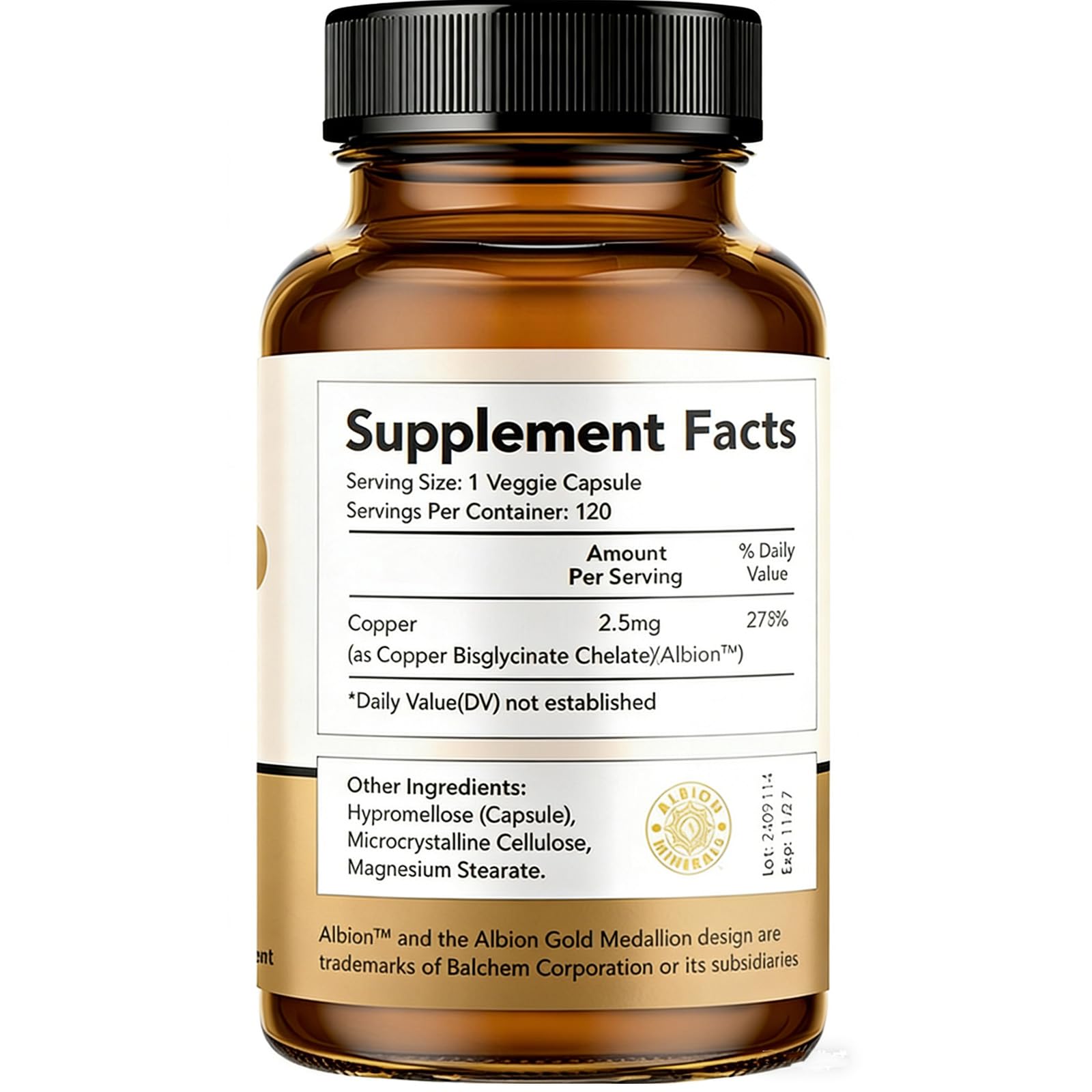 LIIFE Albion chelated copper capsules provide easy daily intake with high bioavailability.