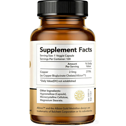 LIIFE Albion chelated copper capsules provide easy daily intake with high bioavailability.