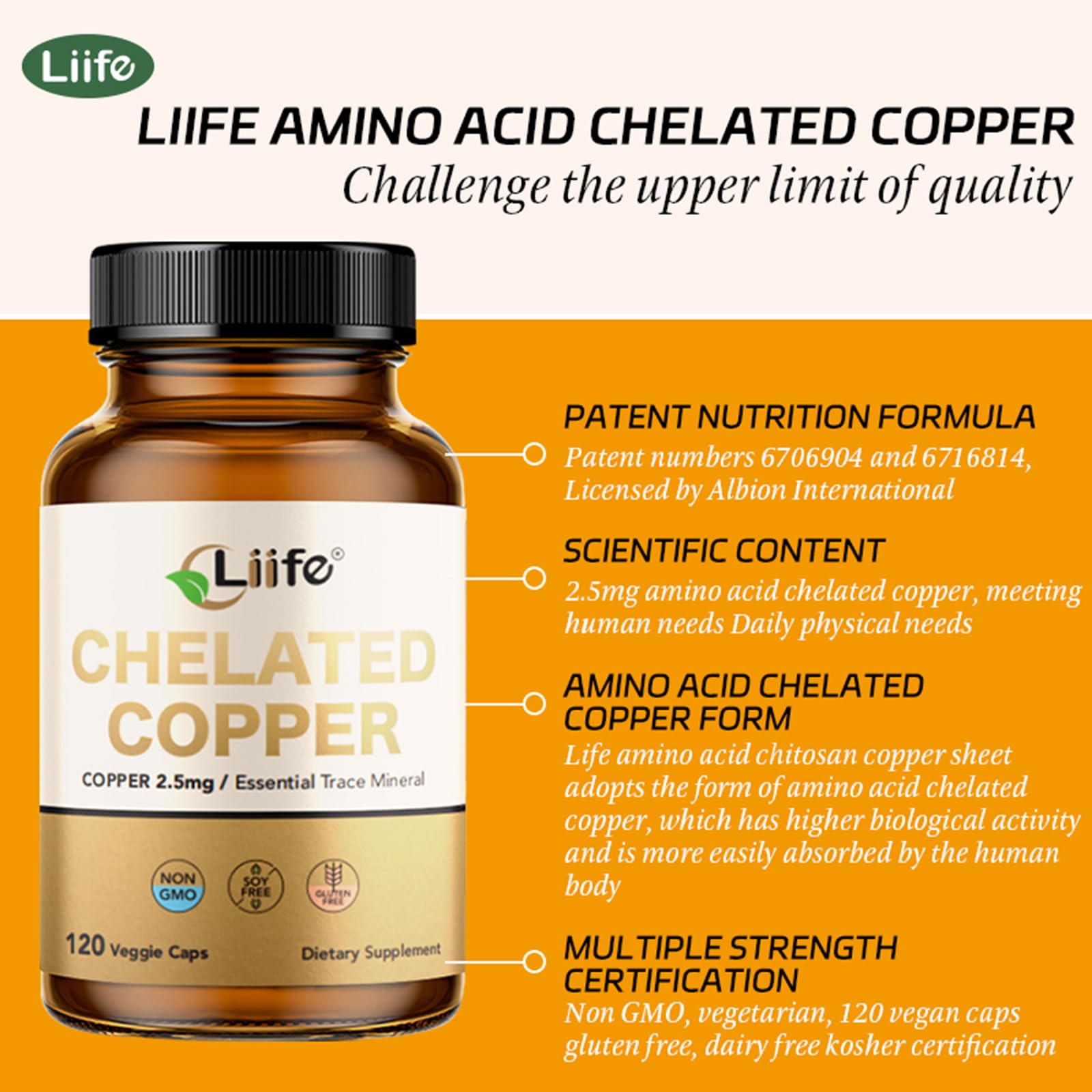 LIIFE Albion chelated copper dosage graphic shows 2.5 mg per capsule for daily needs.