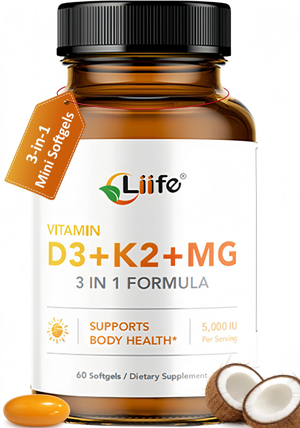 LIIFE D3 K2 bottle with capsules ready for daily bone and heart support