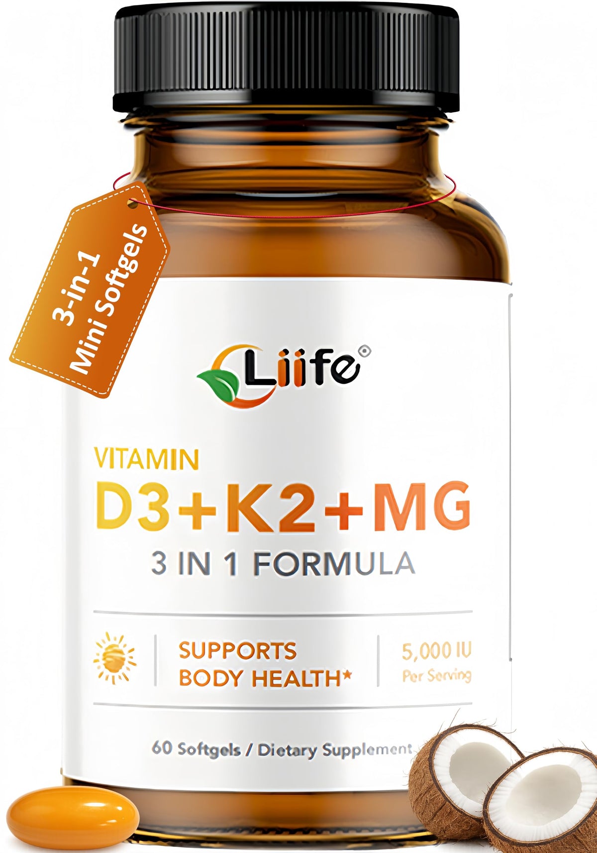 LIIFE D3 K2 bottle with capsules ready for daily bone and heart support