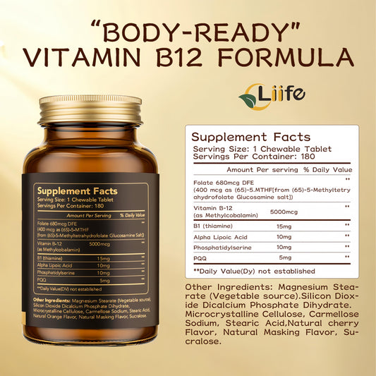 LIIFE B12 chewables closeup highlighting active methylcobalamin for brain and nerve health.