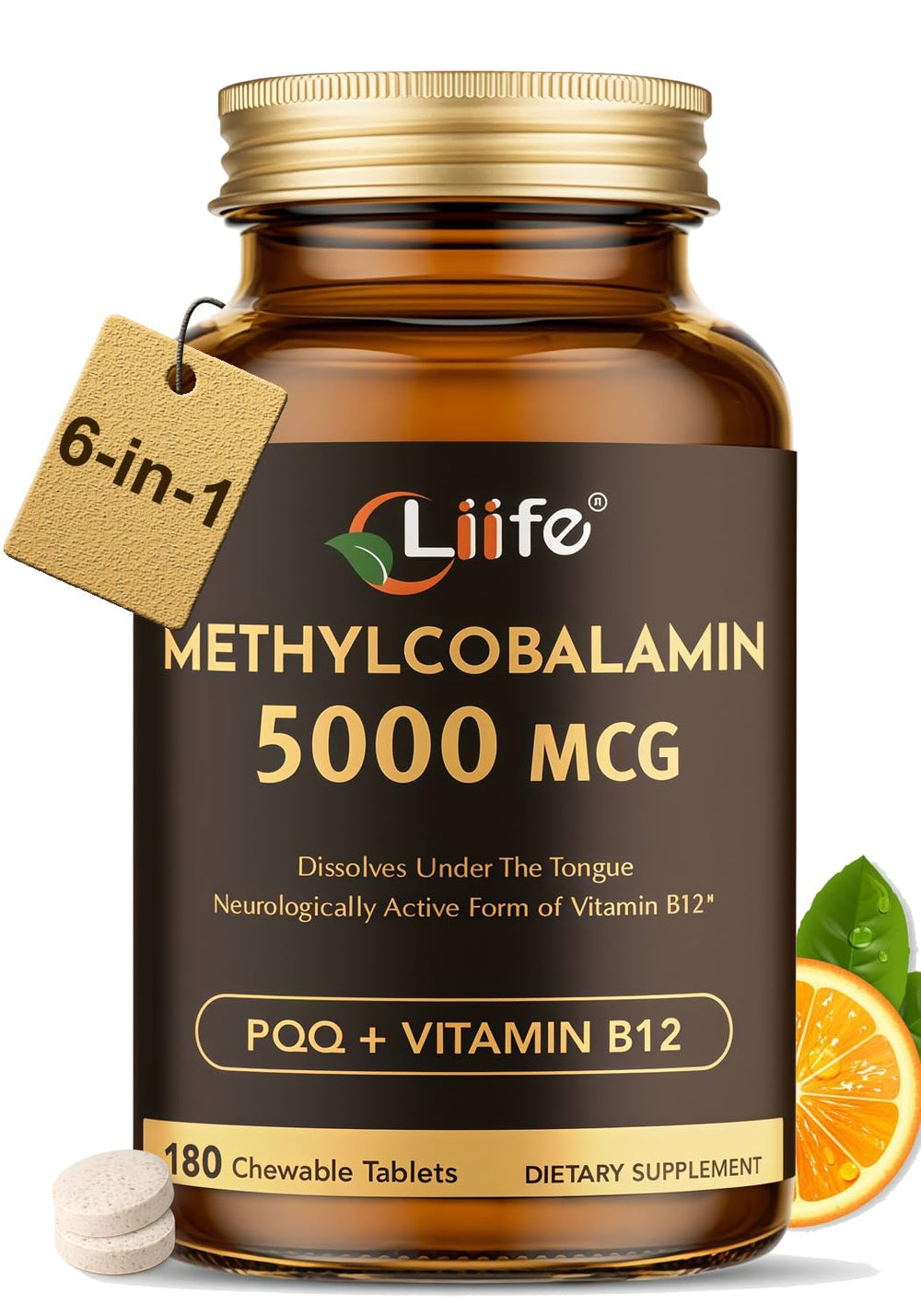 LIIFE Vitamin B12 + PQQ bottle with chewable tablets for energy support