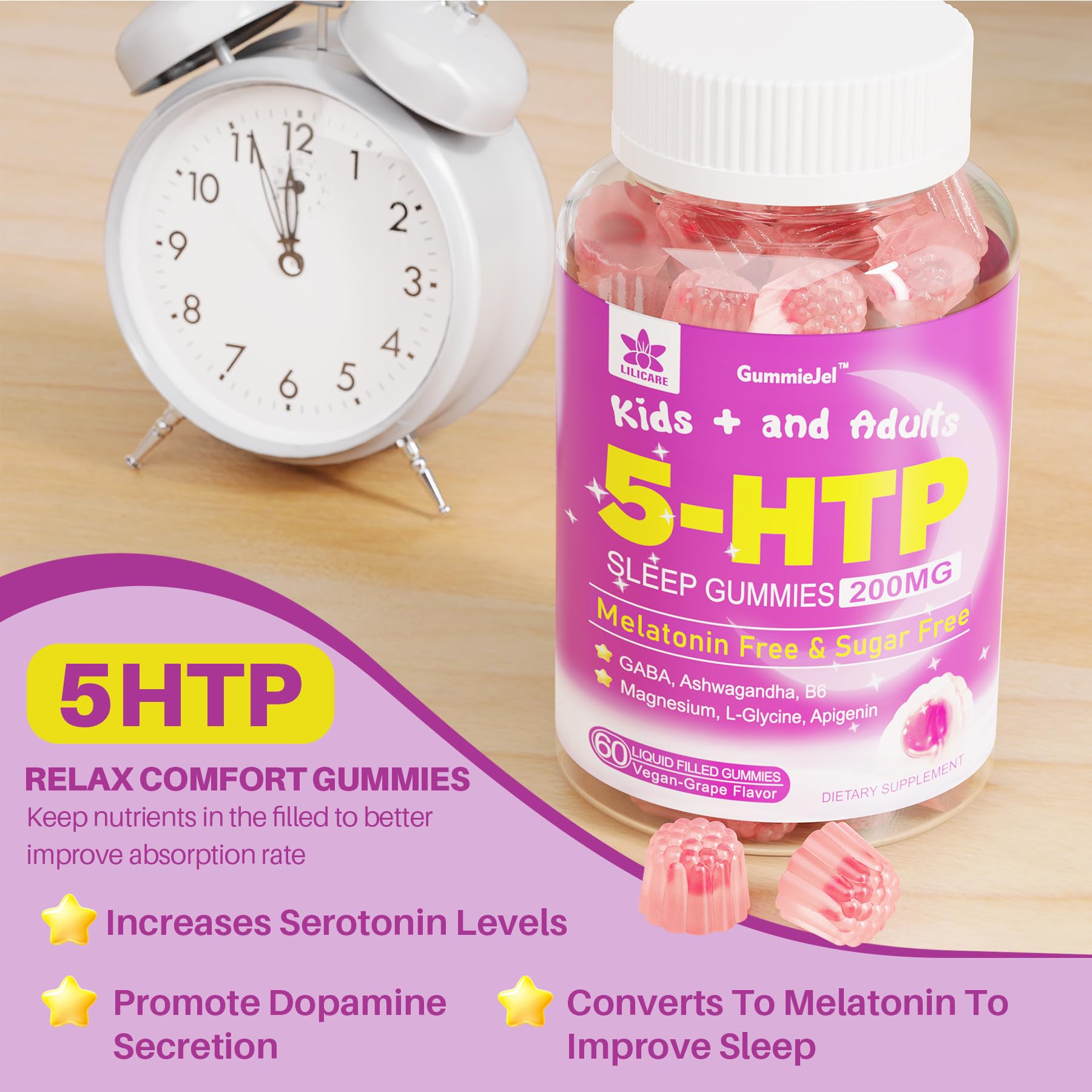 LILICARE 5HTP Gummies ingredients panel featuring GABA and magnesium glycinate benefits.