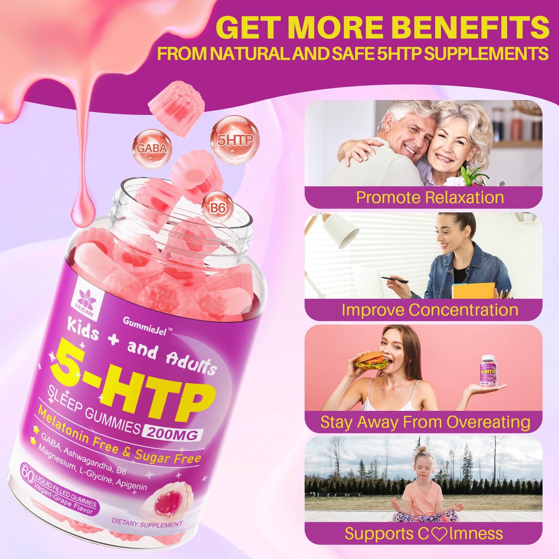 LILICARE 5HTP Gummies for kids 8+ on a nightstand for calm nights.
