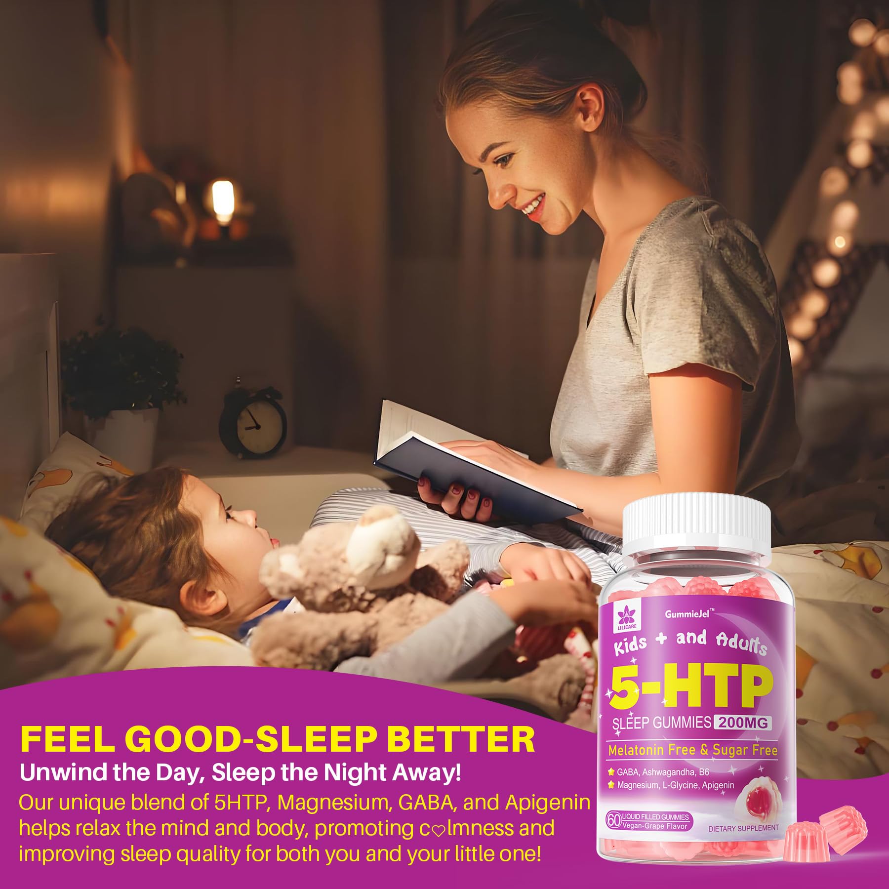 Back packaging details ingredients and serving guidance for LILICARE 5HTP Gummies.