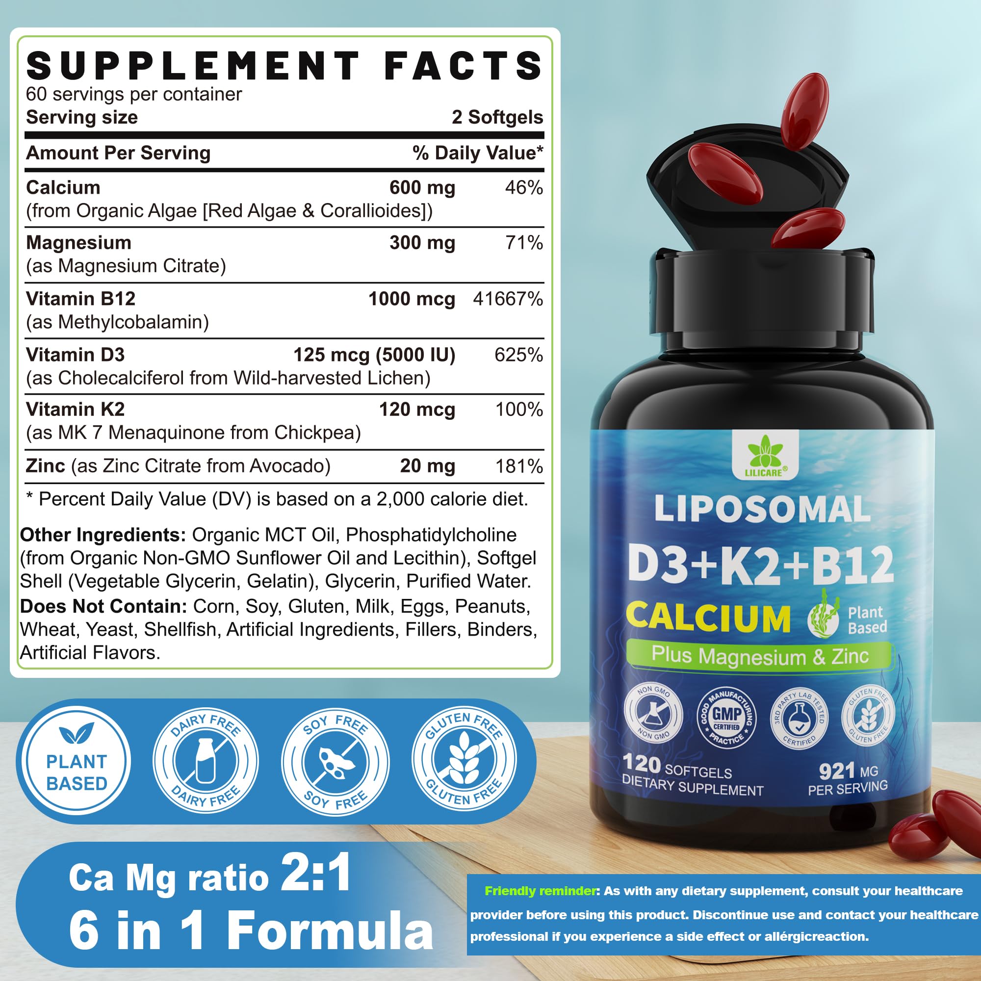 LILICARE algae calcium 600mg with trace minerals for plant-based bone support.
