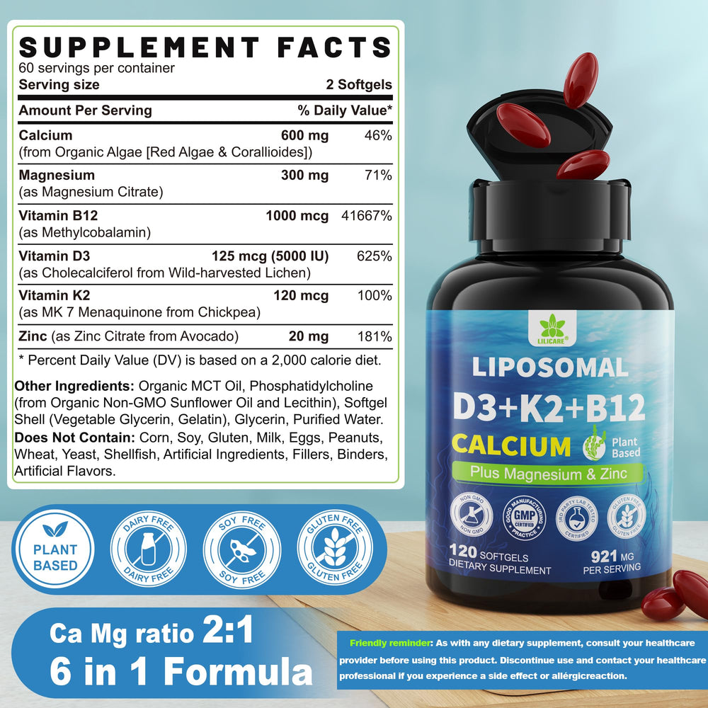 LILICARE algae calcium 600mg with trace minerals for plant-based bone support.