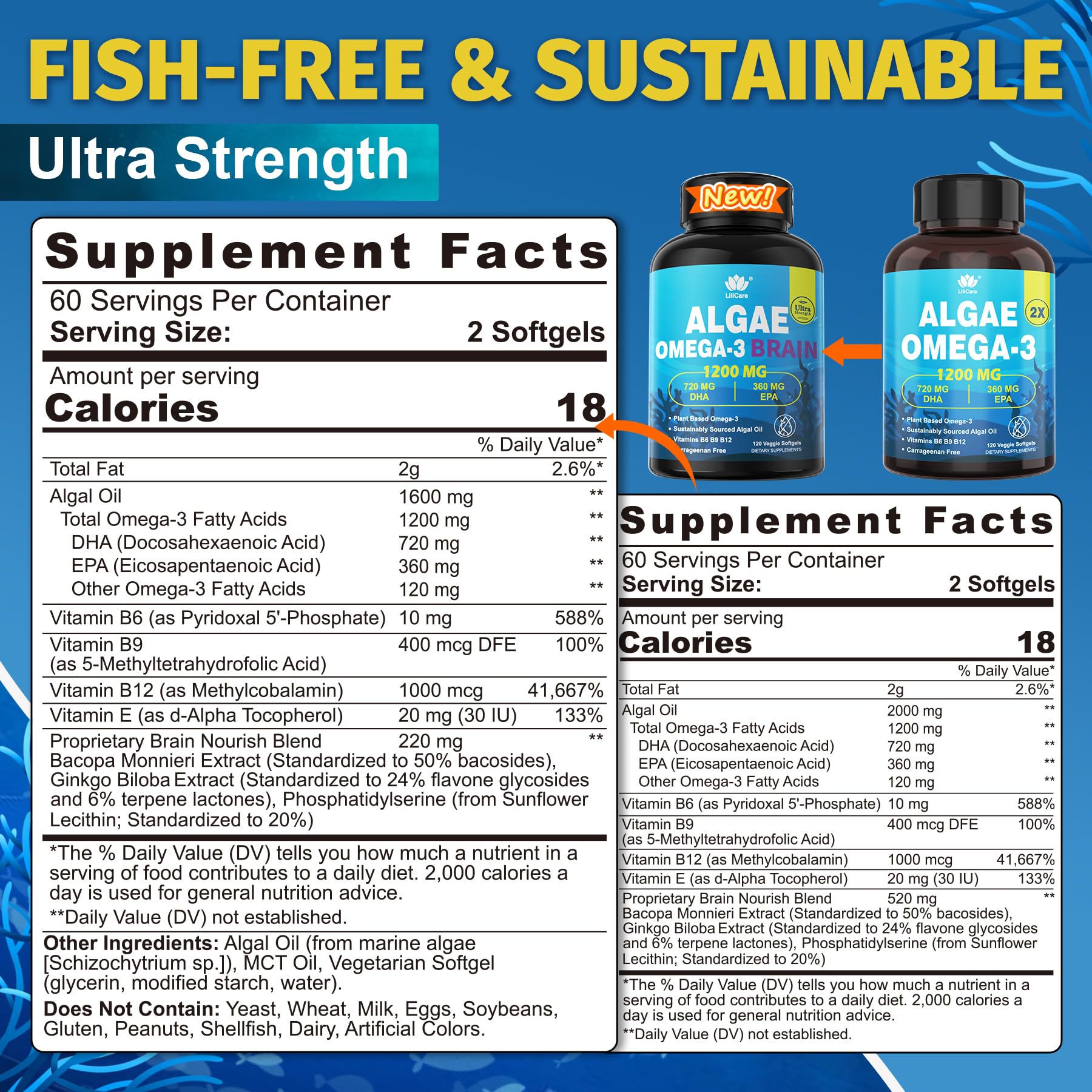 LILICARE algae-oil softgels closeup showing 2:1 DHA to EPA ratio.
