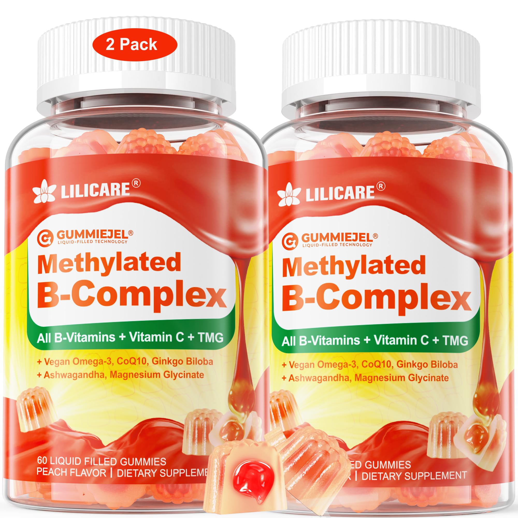 LILICARE B Complex filled gummies bottle on a kitchen counter for daily energy support.