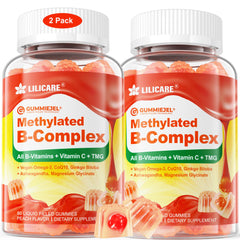 LILICARE B Complex filled gummies bottle on a kitchen counter for daily energy support.
