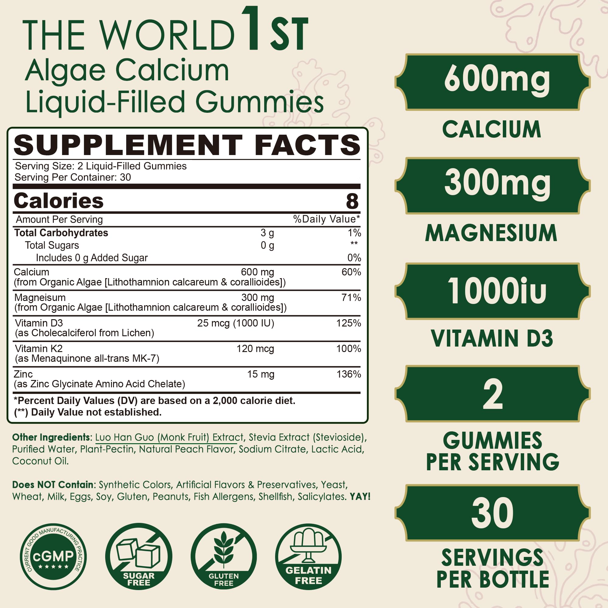 LILICARE calcium gummies bottle back label highlights serving size and nutrients