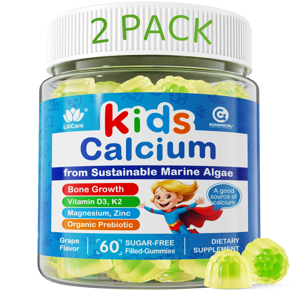 LILICARE calcium kids bottle-front with grape-flavored zero-sugar gummies for daily use.