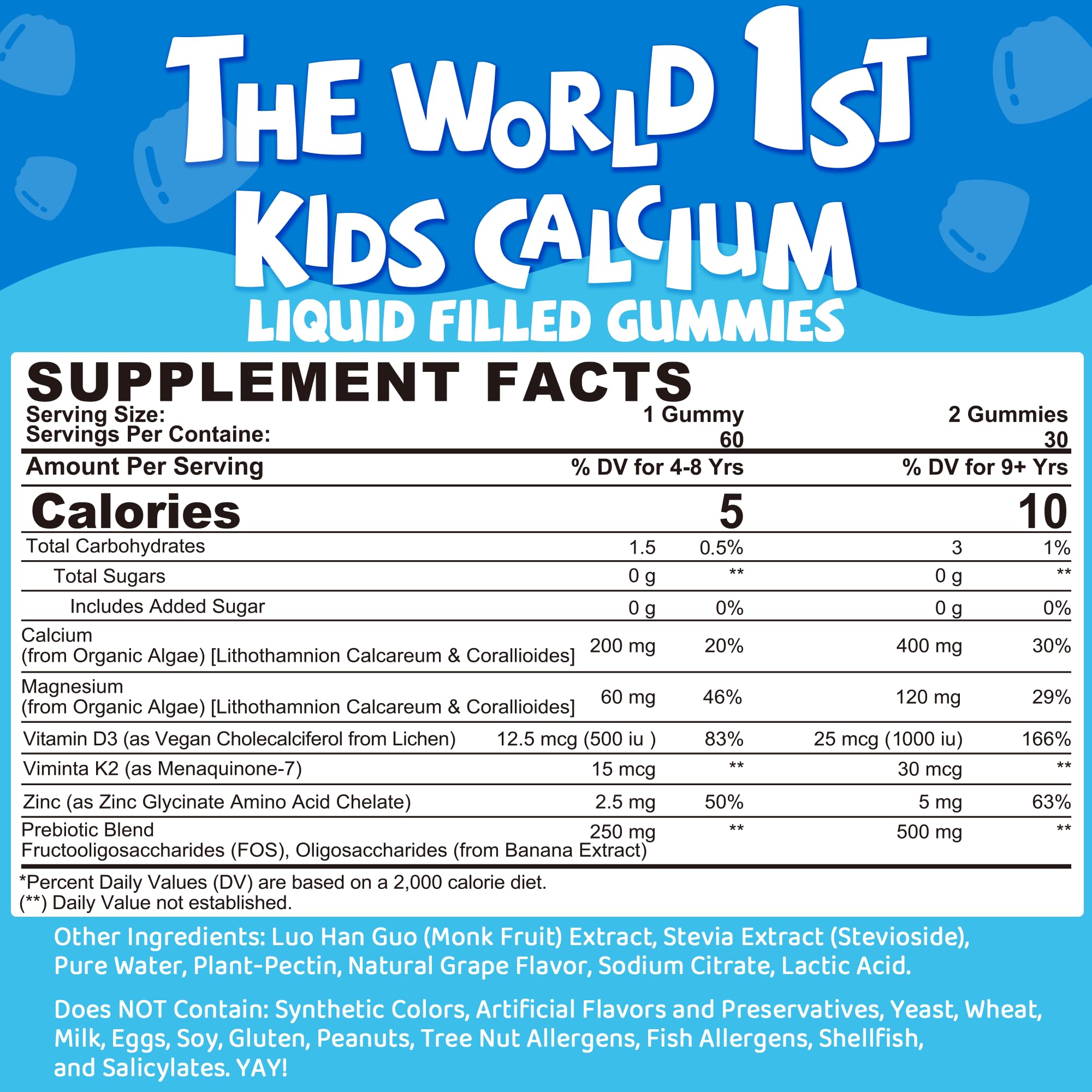 LILICARE calcium kids bottle-side view for kid-friendly daily supplement.