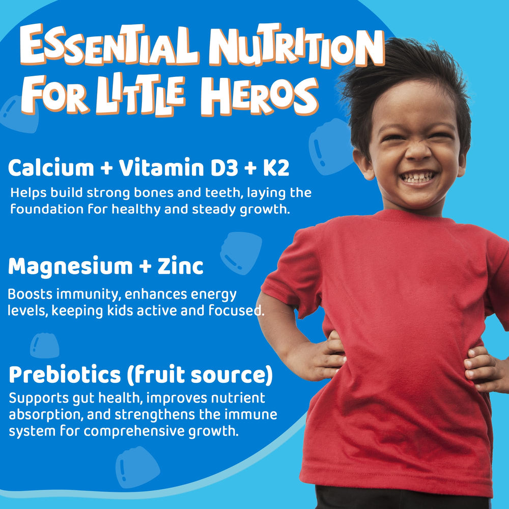 LILICARE calcium kids D3 K2 bottle label emphasizing absorption and bone support.