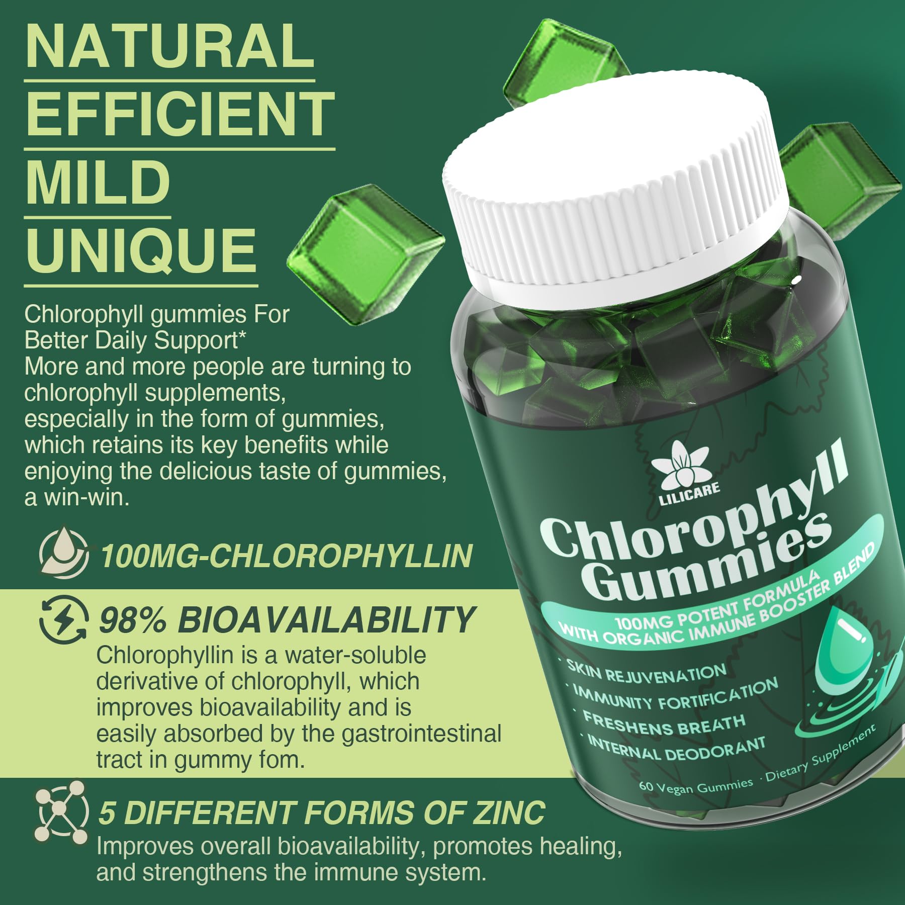 LILICARE Chlorophyll Gummies immune boost supports daily resilience with zinc and antioxidants.
