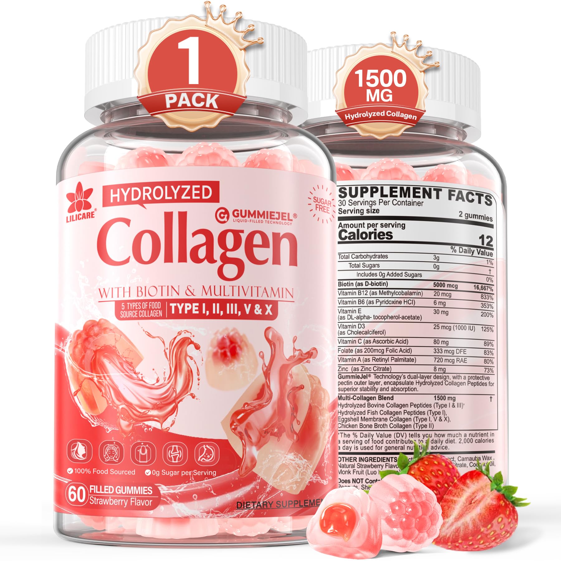 LILICARE Collagen Peptide Gummies bottle displays daily use for radiant skin and strong nails.