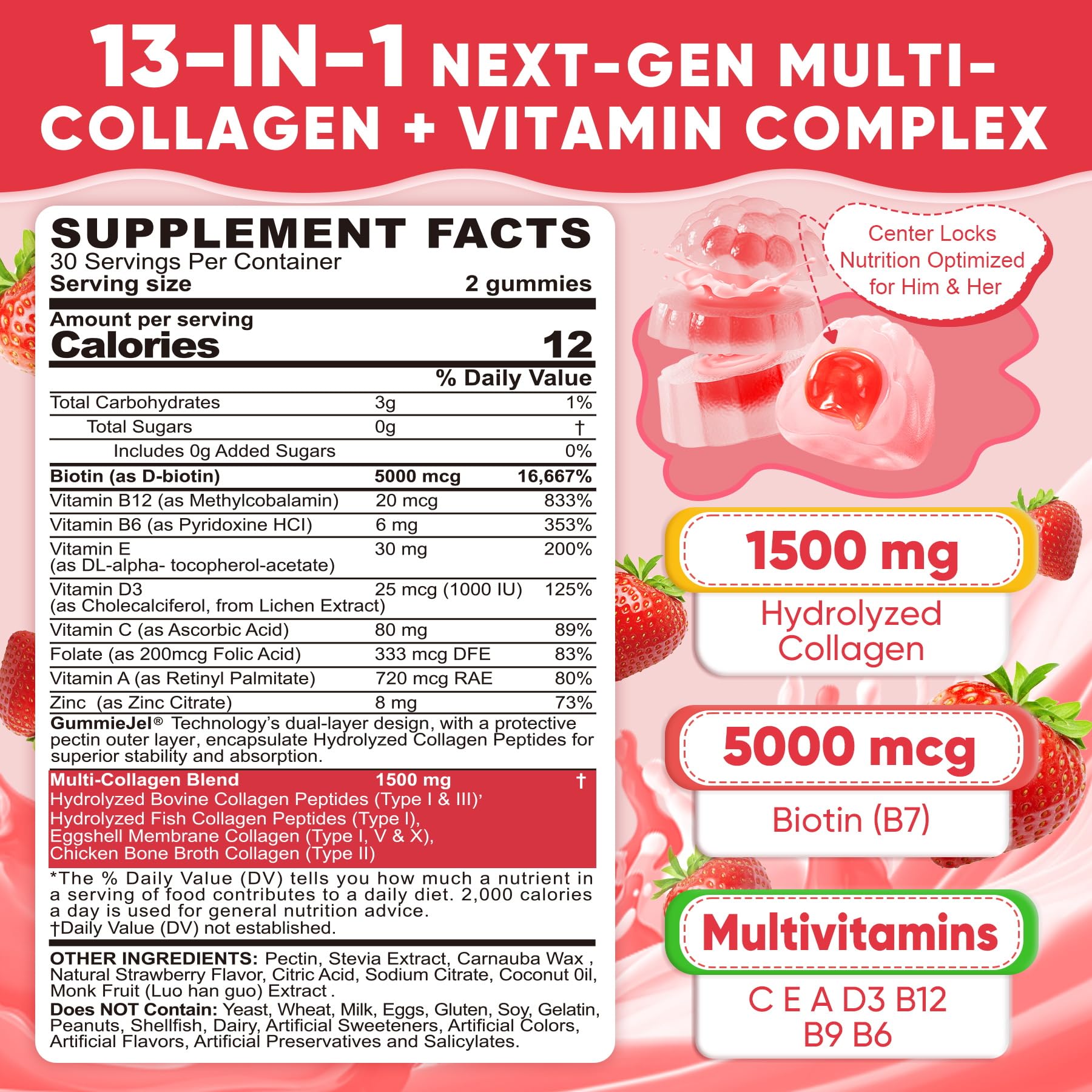 LILICARE Collagen Peptide Gummies close-up shows strawberry flavor and sugar-free formula.