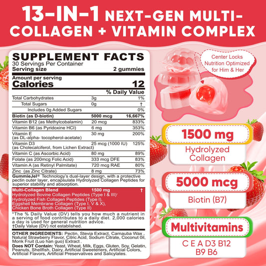 LILICARE Collagen Peptide Gummies close-up shows strawberry flavor and sugar-free formula.