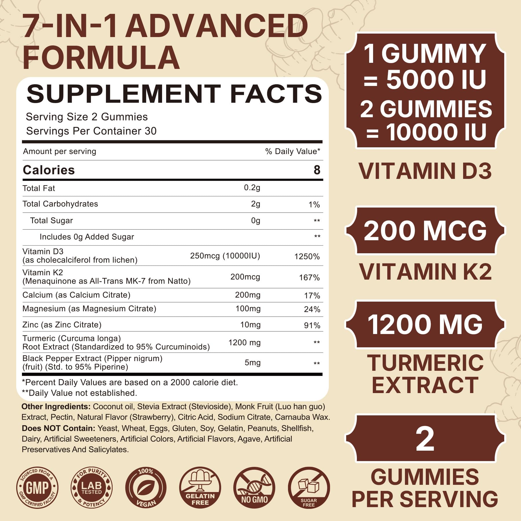 LILICARE gummy bottle label highlighting D3 and K2 turmeric benefits
