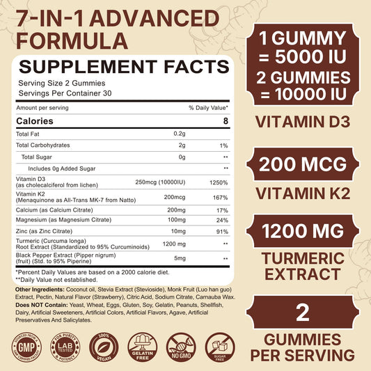 LILICARE gummy bottle label highlighting D3 and K2 turmeric benefits