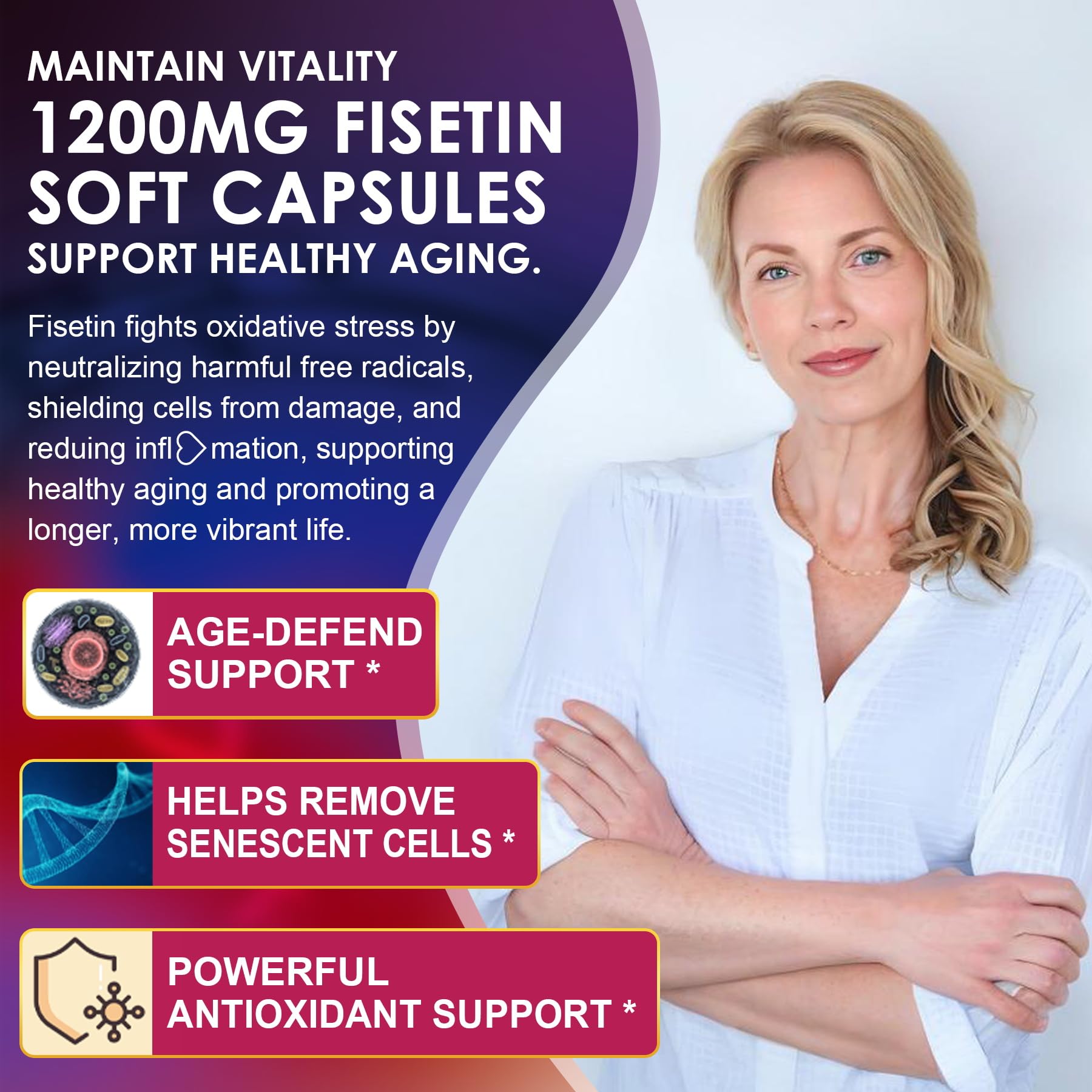 LILICARE Fisetin ingredients image featuring quercetin, resveratrol, and green tea benefits