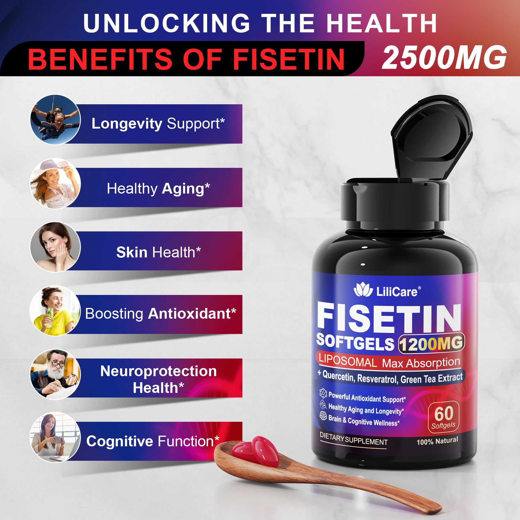 LILICARE Fisetin quality seal emphasizing non-GMO and allergen-free formulation