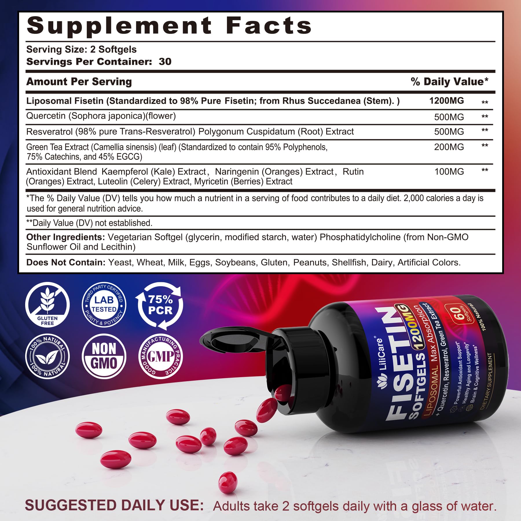 LILICARE Fisetin softgels bottle scene for convenient daily aging support