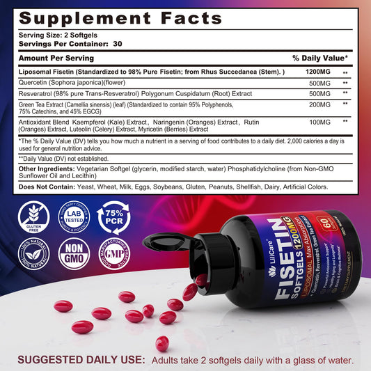 LILICARE Fisetin softgels bottle scene for convenient daily aging support