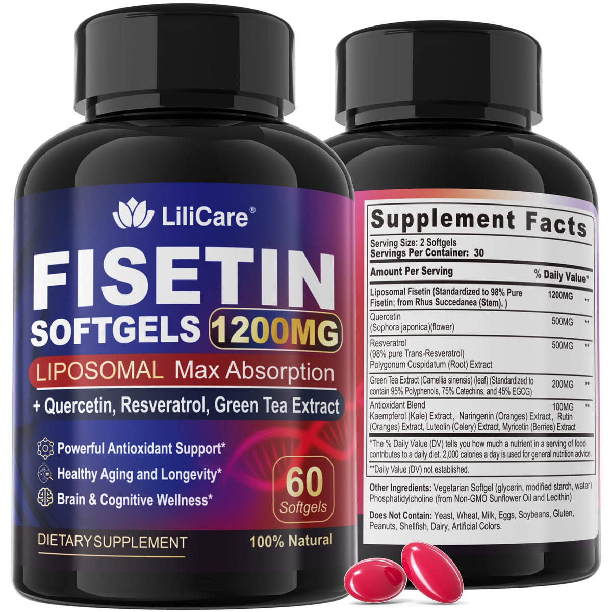 LILICARE Fisetin softgels front label highlights 1200mg formula for daily antioxidant support