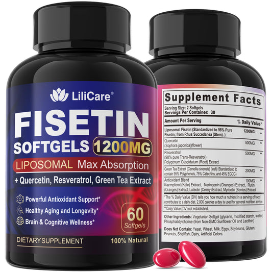 LILICARE Fisetin softgels front label highlights 1200mg formula for daily antioxidant support