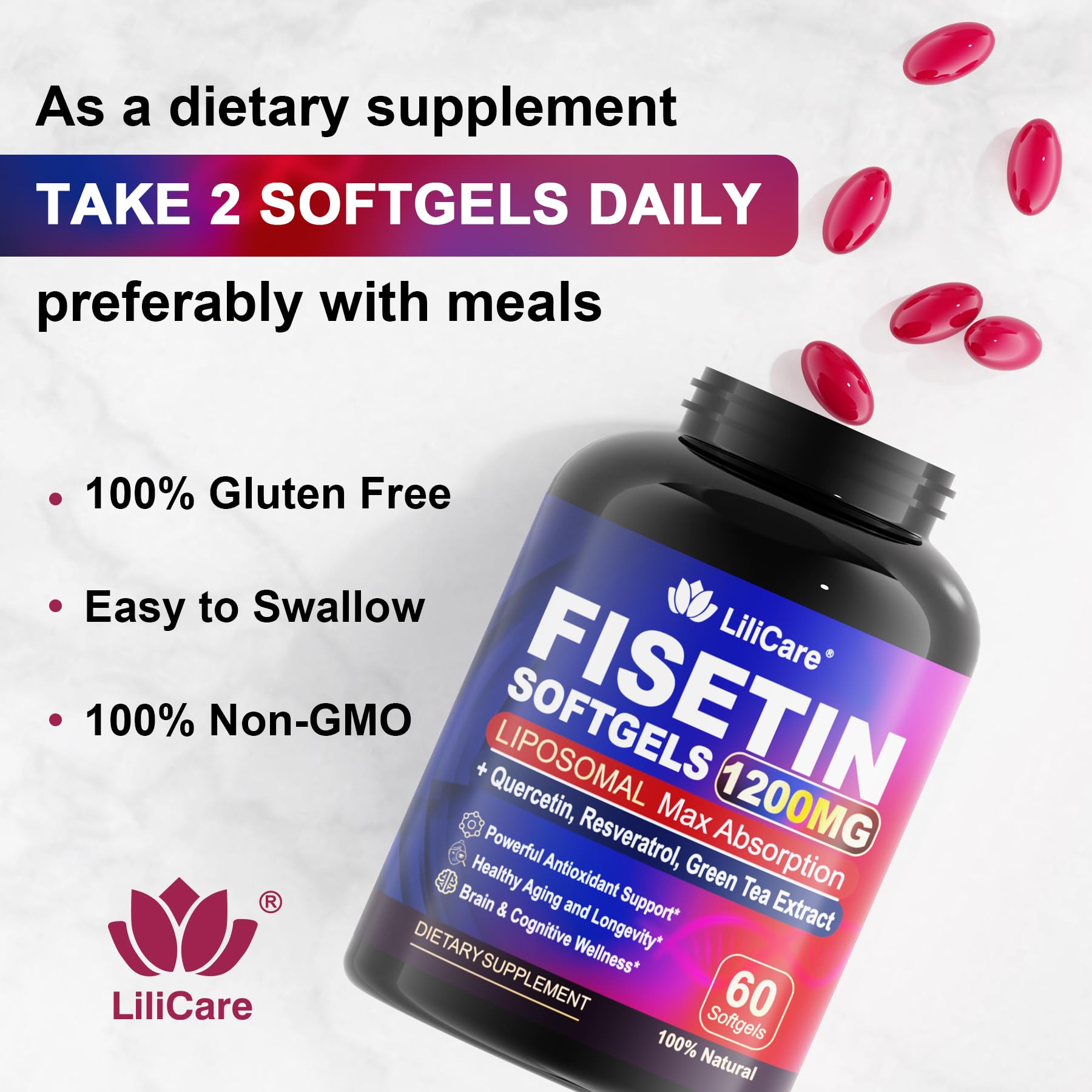 LILICARE Fisetin softgels pour-hand demonstrating easy daily intake
