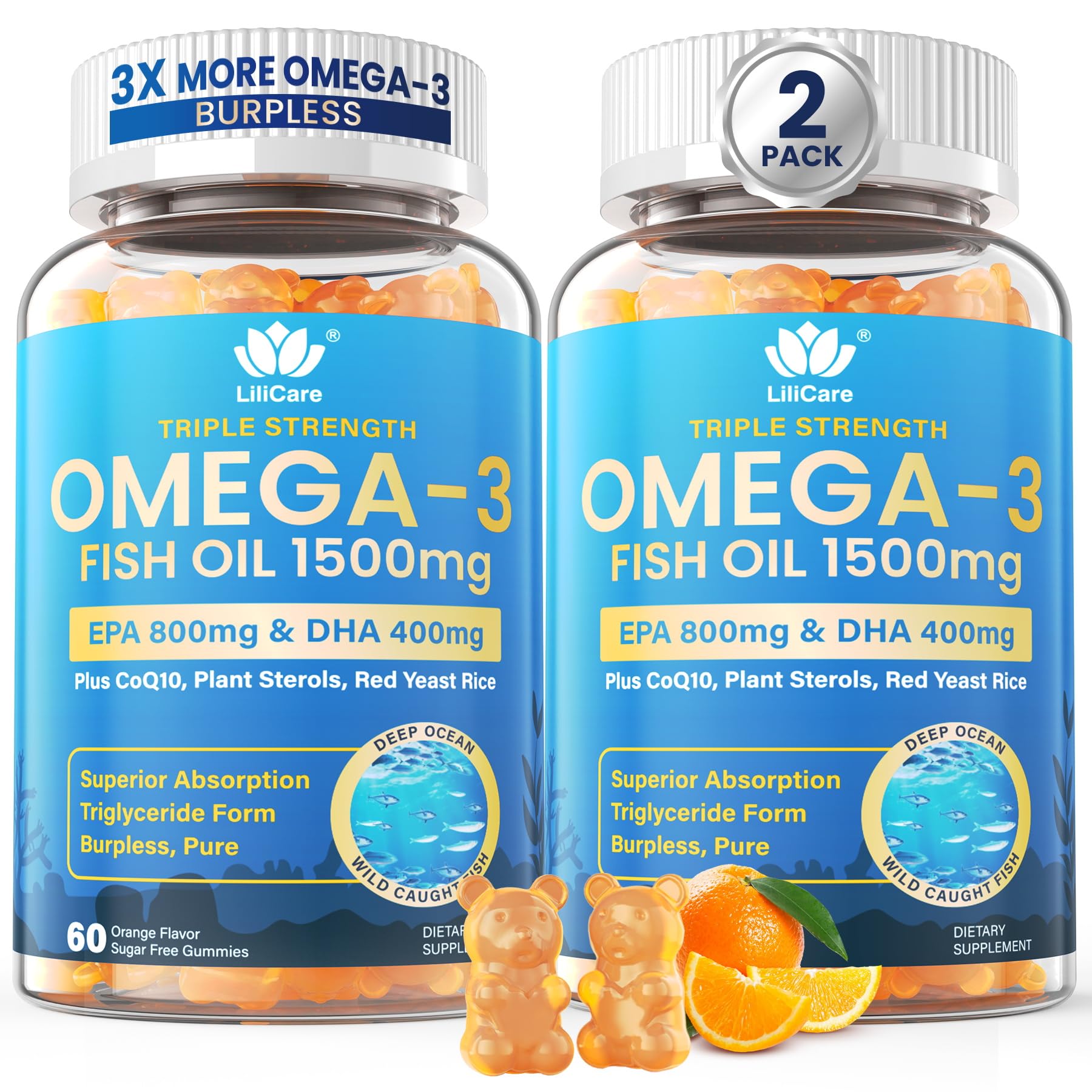 LILICARE Fish Oil Gummies bottle displaying triple-strength omega-3 formula for heart and brain support