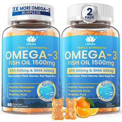 LILICARE Fish Oil Gummies bottle displaying triple-strength omega-3 formula for heart and brain support