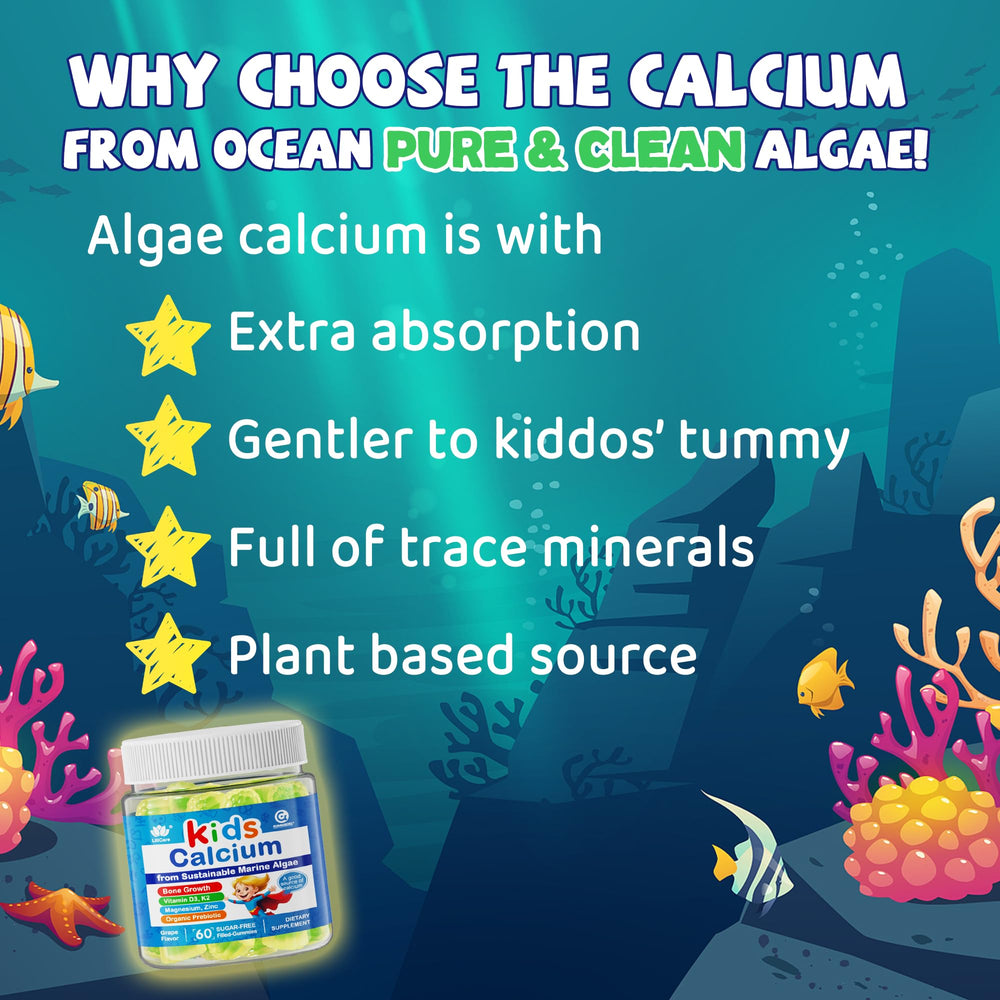 Algae calcium source from red algae supports gentle mineral delivery.
