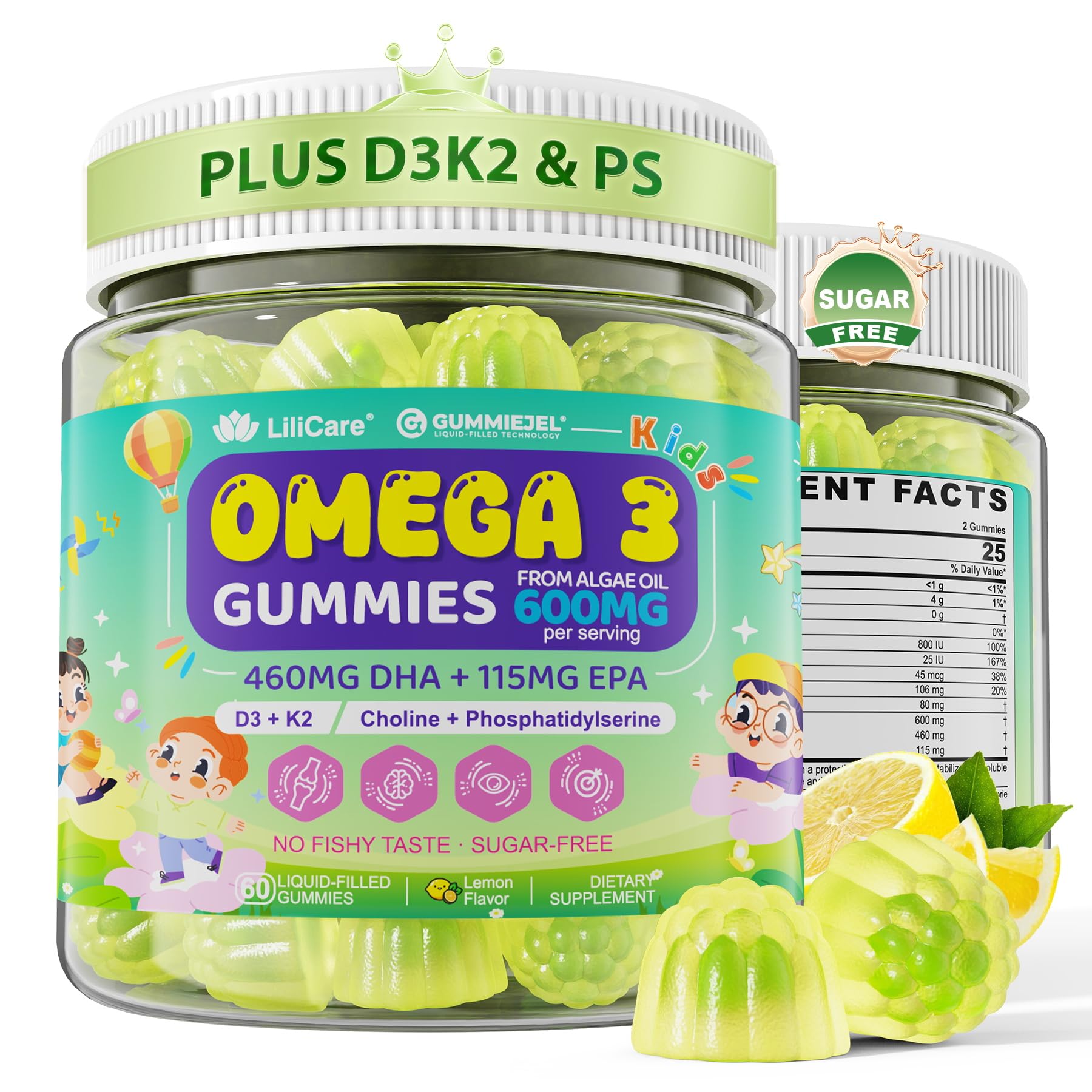 LILICARE Kids Omega-3 gummies lemon bottle highlights algae DHA/EPA for brain and bone support