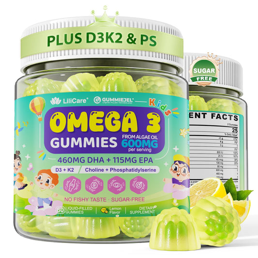 LILICARE Kids Omega-3 gummies lemon bottle highlights algae DHA/EPA for brain and bone support